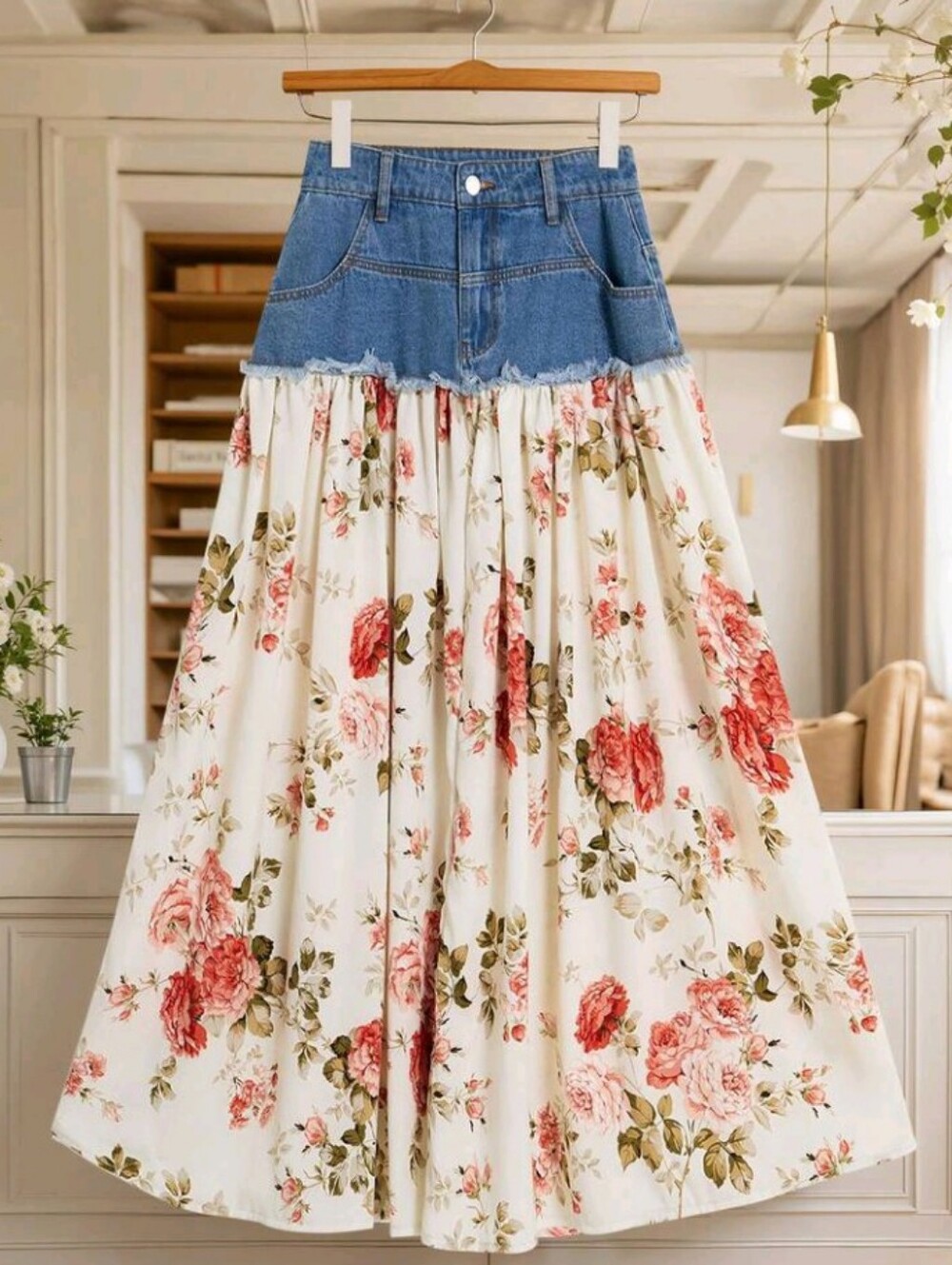 Women's Floral Print Patchwork Denim Skirt